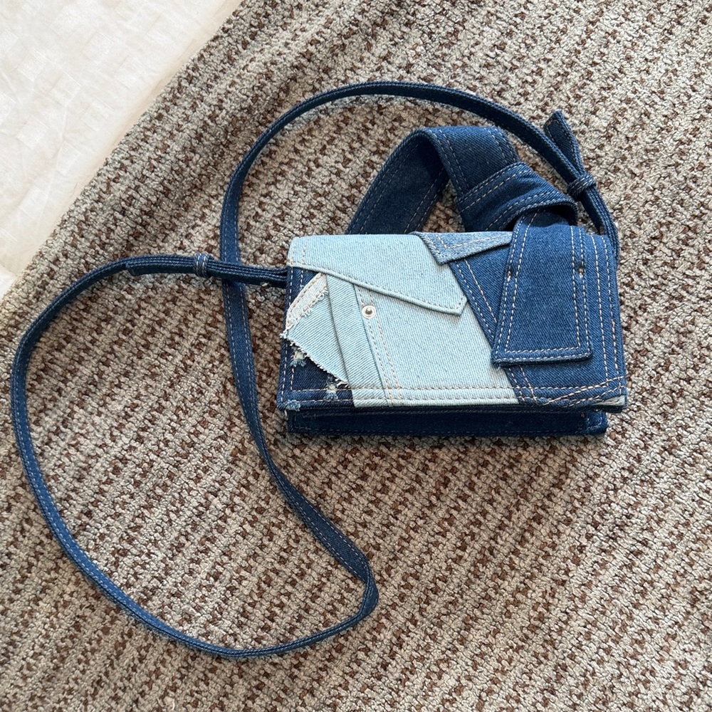 Denim Patchwork Crossbody Bag in Dark and Light Blue